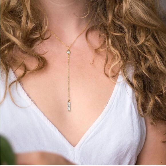 Gold 14k Gold Plated CZ Bar Lariat Necklace - Picture 1 of 3